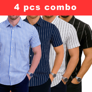 4 Pcs Half Sleeve Print Shirt- (Sky+Navy +White ) Small+Black Big